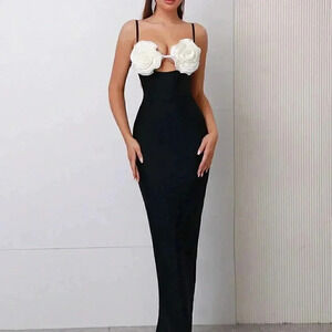 Black Preppy Women's Sexy 3d Flower Bodycon Bandage Dress
